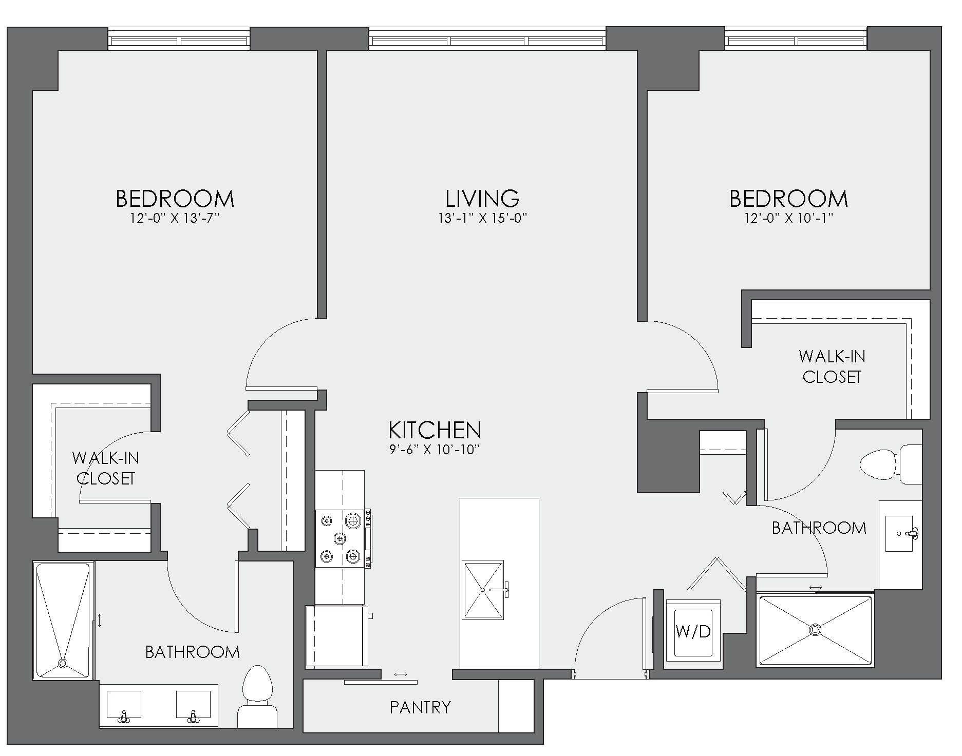 Floor plan for 2 beds, 2 baths, 1117 sqft